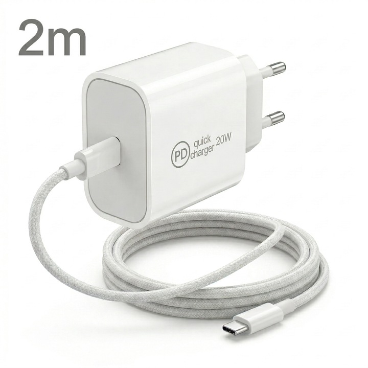 Incarcator retea Wyred by Monga - Power 20C 2M, 20W USB-C Power Delivery, include Cablu USB-C 2m, Alb