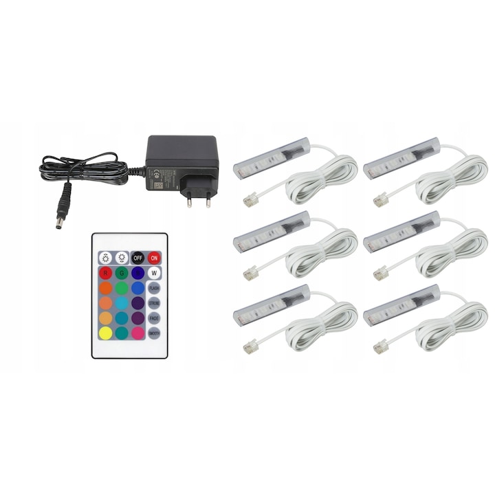 Комплект от 6 LED RGB щипки за стъклени рафтове, AQUALED, 7см, бял кабел, 2м