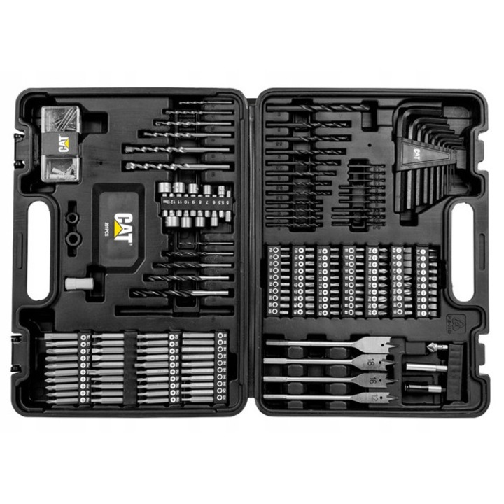 Set de accesorii CAT DA01903, 201 elemente, 4 burghie plate, 10 surubelnite, multicolor