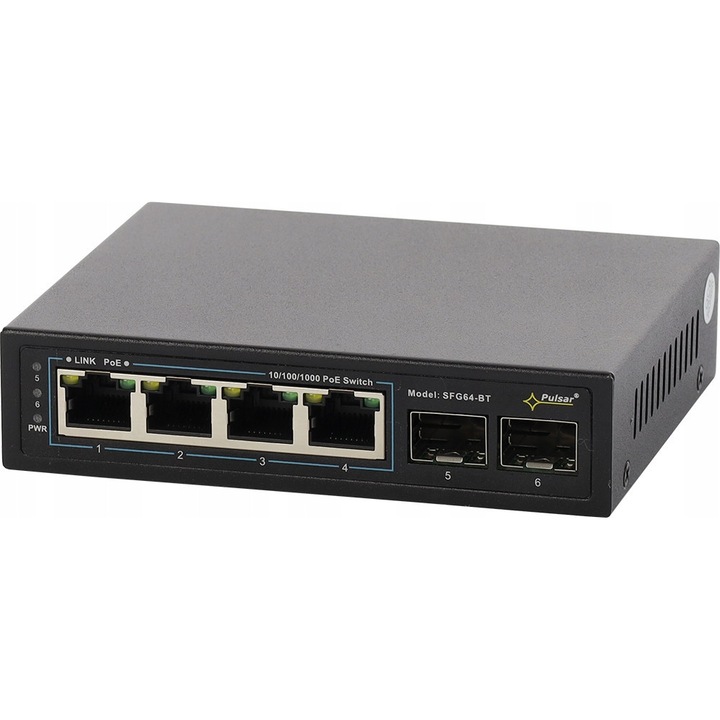 PoE комутатор 6-портов SFG64WP-BT, 4 порта PoE 10/100/1000 Mb/s, 2 порта 1000 Mb/s, размери 118x28x95mm