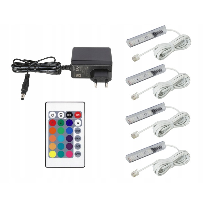 Set 4 clipuri LED RGB pentru rafturi de sticla, AQUALED, 7cm, cablu alb, 12V