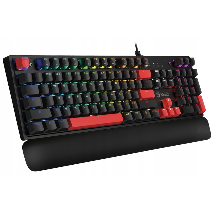 A4Tech Bloody S525N Fire Black mechanikus billentyűzet, BLMS Red Plus kapcsolók, Hot Swap 3/5-tűs, RGB 10 effekt, 1 ms válaszidő, N-Key Rollover, 4 MB memória, memóriahab csuklótámasz, fekete/piros