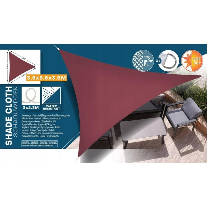 Zagiel de umbrire triangular ProGarden 3,6x3,6x3,6m bordowy, cu 3 linii de montaj