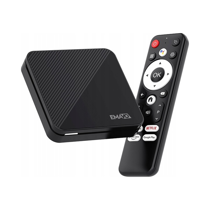 Odtwarzacz multimedia Emavo TV Box, Android 14.0, 4K Ultra HD, 2 GB RAM, 16 GB, 90x90x18,8 mm, set complet
