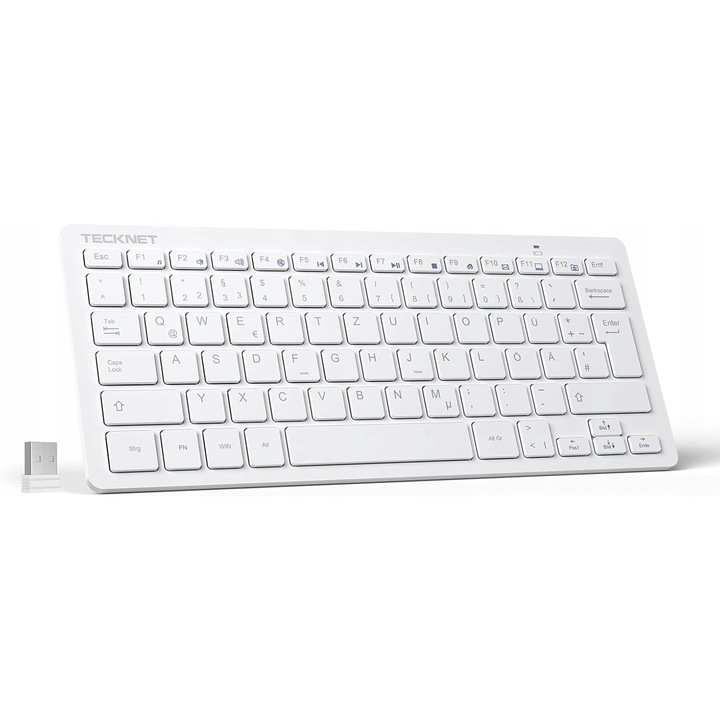 Tastatura wireless TECKNET Slim, QWERTZ, 78 taste, 2,4 GHz, alb