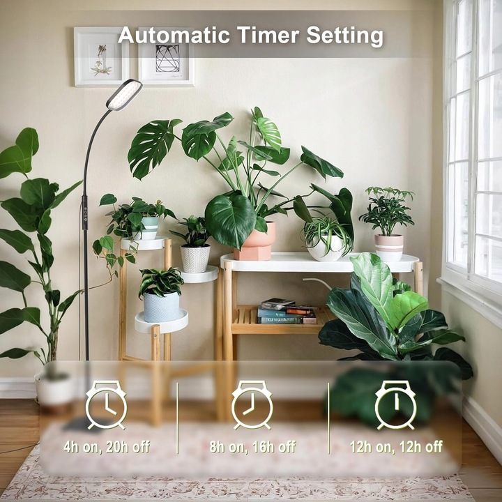 Lampa LED pentru plante, 10W, 264 LED, spectru complet, inaltime maxima 94cm, timer 4/8/12h