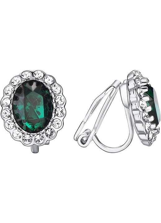 Cercei clip-on dama cu piatra zirconiu verde, 1.2x1.0cm, fara piercing, argintii