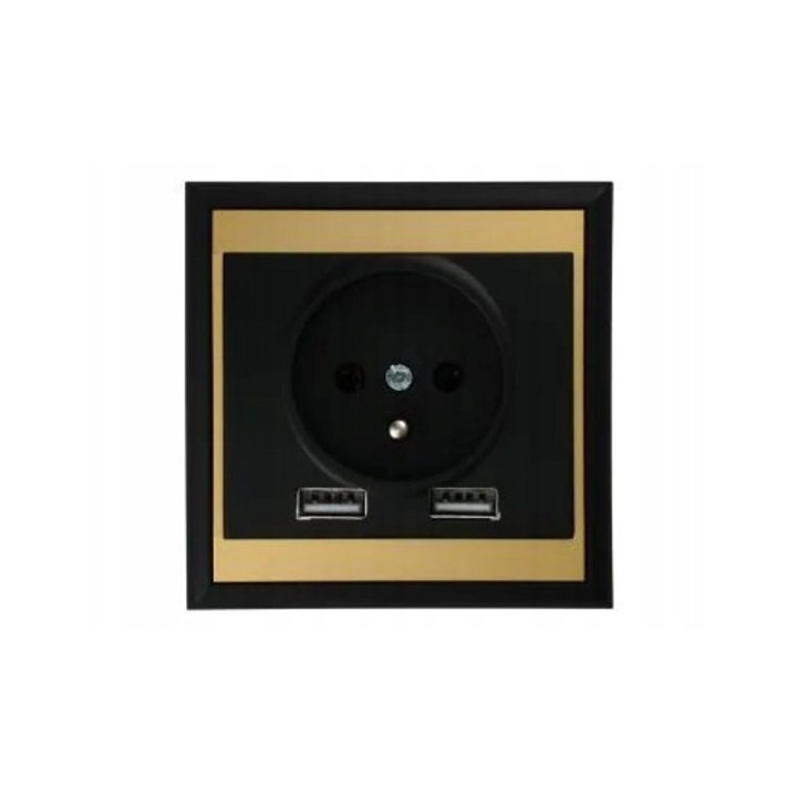 Gniazdo cu 2 porturi USB A-A, Abex, seria Luna, negru/auriu, montaj subtire, 81x81x10mm, set complet cu rama.