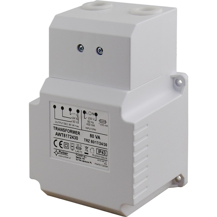 Transformator Pulsar TRZ 80VA 17V/24V/30V, 230V, 95x136x76mm, IP43