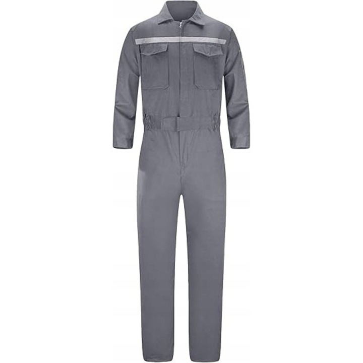 Salopeta de lucru, gri, 65% bumbac/35% poliester, cu benzi reflectorizante, 6 buzunare, insertii elastice, S