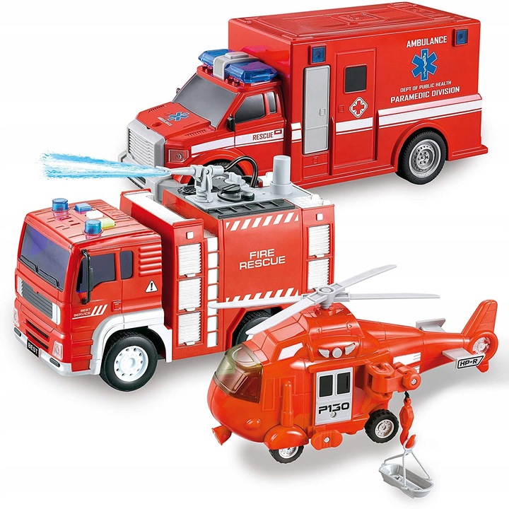 Set de vehicule de salvare Joyin, elicopter rosu, masina de pompieri, ambulanta, dimensiuni: 20x10x8cm, 20x11x8cm, 18x8x8cm