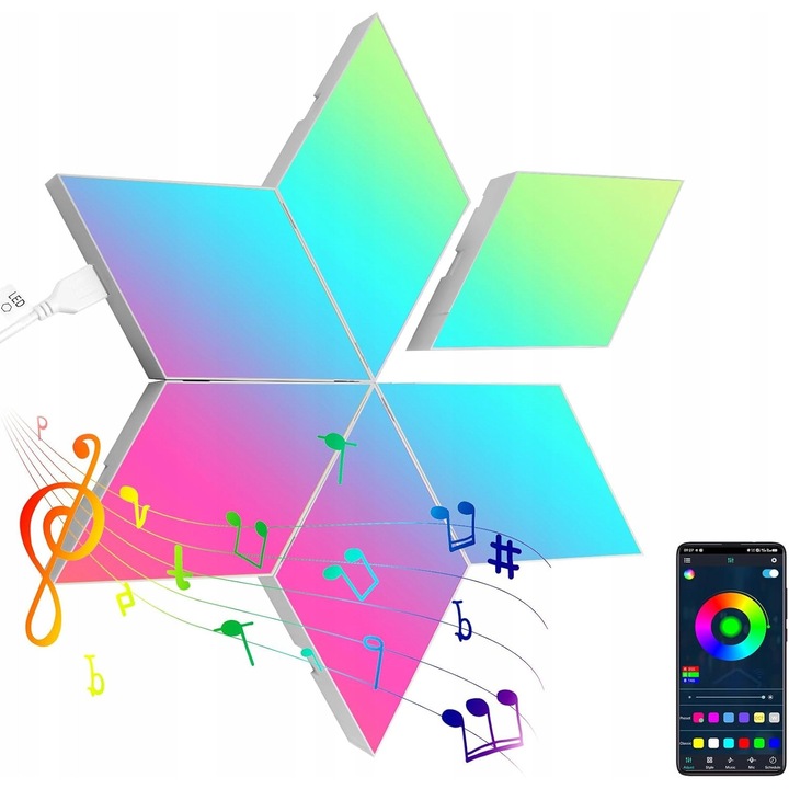 Set 6 Panouri LED RGB Romb, Control Smart, Sincronizare cu Muzica, USB