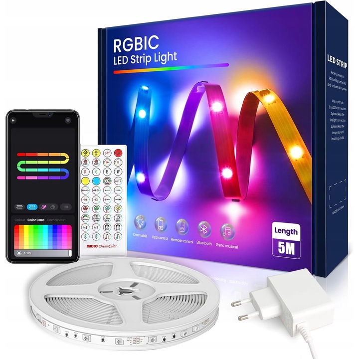 Banda LED RGB IC 5m, control segmentat, 16 milioane culori, sincronizare cu muzica