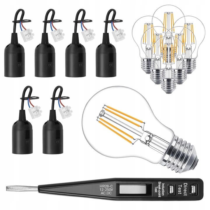 Set 6 Becuri LED E27 Culoare Calda cu Oprawki si Probnik Napiecia