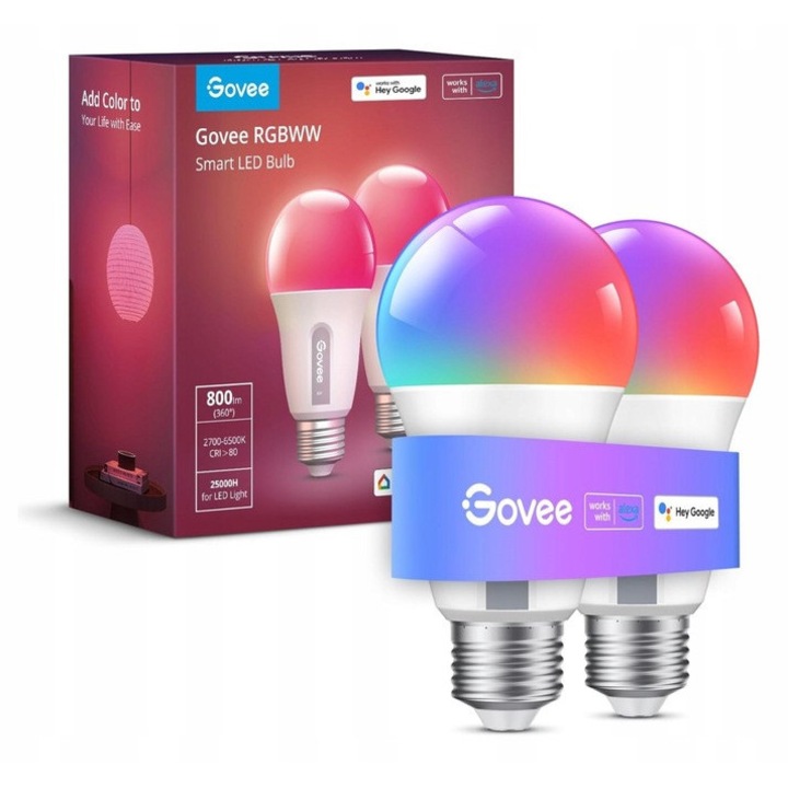 Govee E27 LED okos izzók, 2 darabos szett, WiFi, Bluetooth, 16 millió szín, zene szinkronizálás