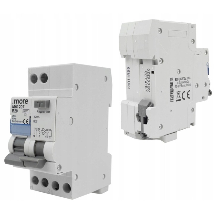 Dispozitiv de protectie diferentiala Ecolight B 20A 30mA 1P+N, 2 module, IP20, 35,7x75x83mm