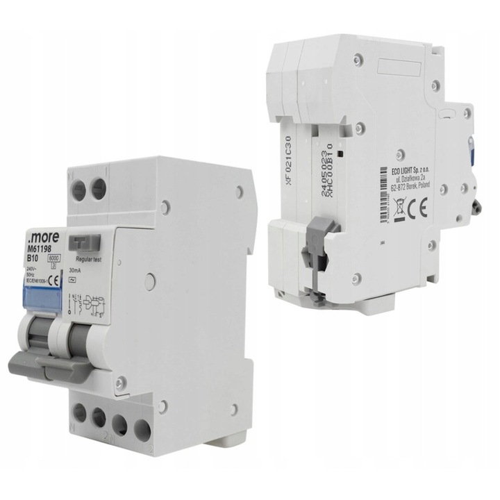 Dispozitiv de protectie Ecolight, intrerupator diferential 1P+N B 10A 30mA, 230V, dimensiuni 35,7x75x83mm, set 1 bucata