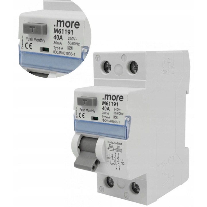 Dispozitiv de protectie Ecolight, 40A, 30mA, 2P, 6kA, IP20, 35,7x72,6x83mm, set 1 buc.