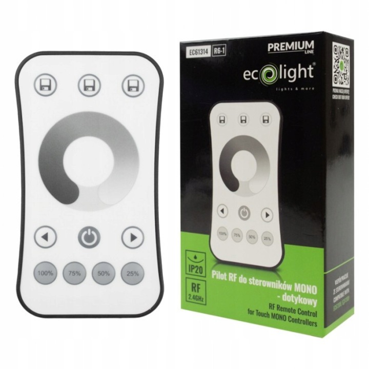 RF дистанционно управление Ecolight R6-1 за LED моно ленти, бяло, 1 зона, размери 107x58x8mm