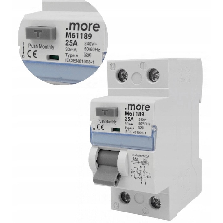 Dispozitiv de protectie diferentiala Ecolight 25A 2P 30mA 6kA, dimensiuni 35,7x72,6x83mm, set 1 buc.