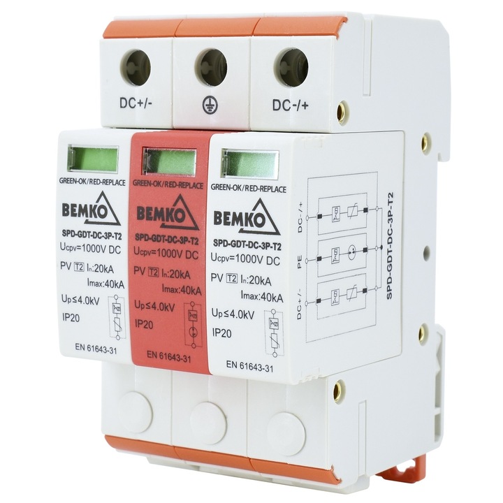 Ogranicitor de supratensiune BEMKO SPD-GDT-DC-3P-T2 1000V, 3 module, IP20, 54x90x66mm