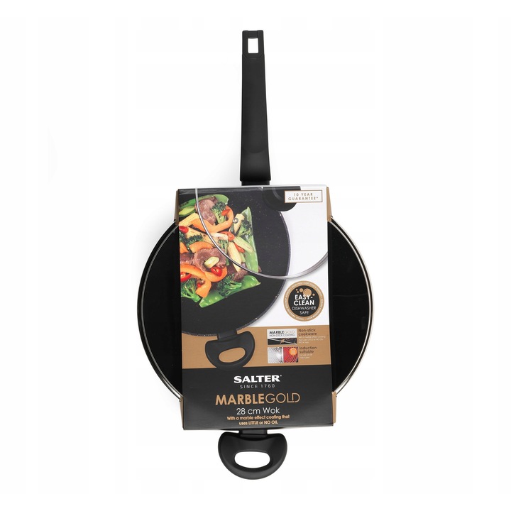 Tigaie Wok Salter 28 cm, neaderenta, aluminiu, cu capac din sticla, design marmura aurie, 47x28x8,1 cm