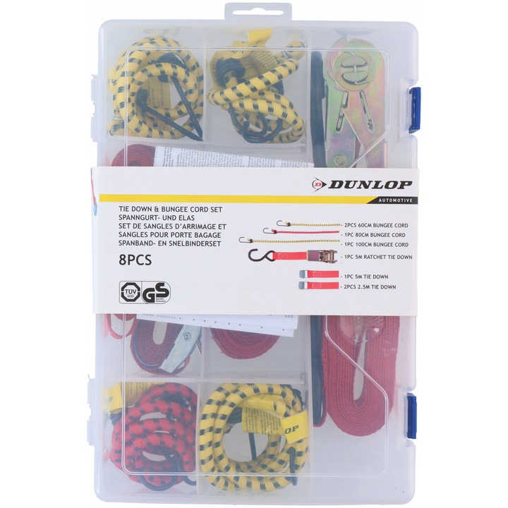Dunlop E-17767 rögzítő heveder készlet, racsnis feszítővel és kampókkal, tartalmaz 5m hevedereket és 60-100cm gumiköteleket, többszínű, 8 darab