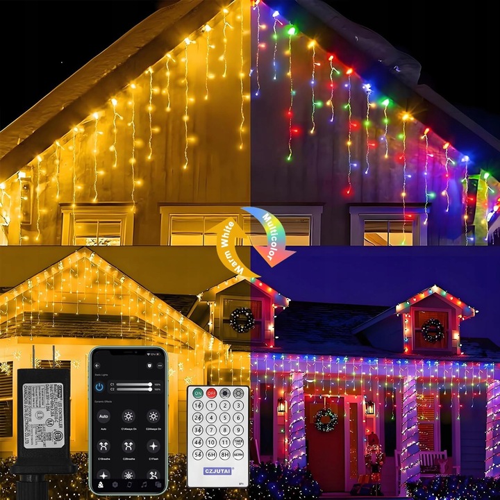 LED Füzér 15m 600 LED többszínű távirányítóval és alkalmazással, IP44 vízálló