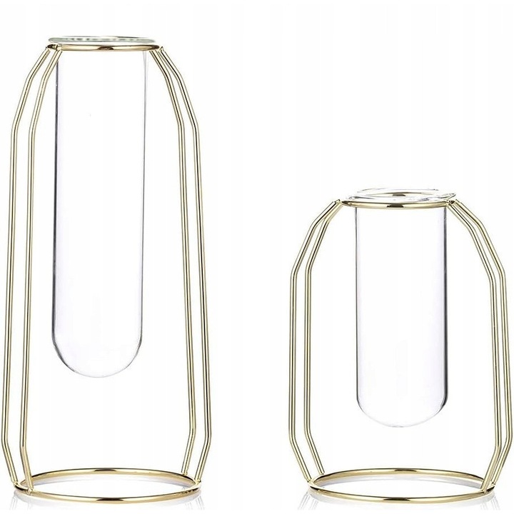 Vaze decorative, set 2 bucati, metalica aurie si sticla transparenta, dimensiuni mici si mari