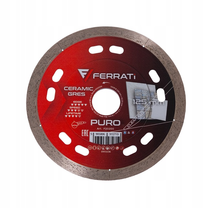 Tarca diamentata PURO Ferrati, 125mm x 22,23mm, pentru ceramica, gres, granit, 1,2mm grosime, set de 5 segmente