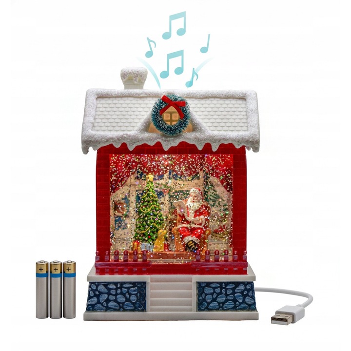 Lampion de Craciun cu Pozitie si Efect de Zapada, 20x13,5x8cm, Alb Cald, Decorativ cu Mos Craciun si Brad