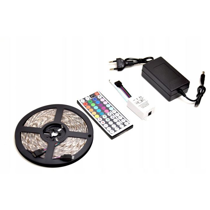 Banda LED RGB SMD 5m, 300 LED, 16 culori, IP68, set cu alimentator si telecomanda