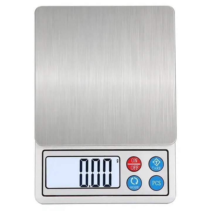 Cantar electronic comercial, 600g, 0,01g, iluminare albastra, 100x100mm, set cu capac si baterii