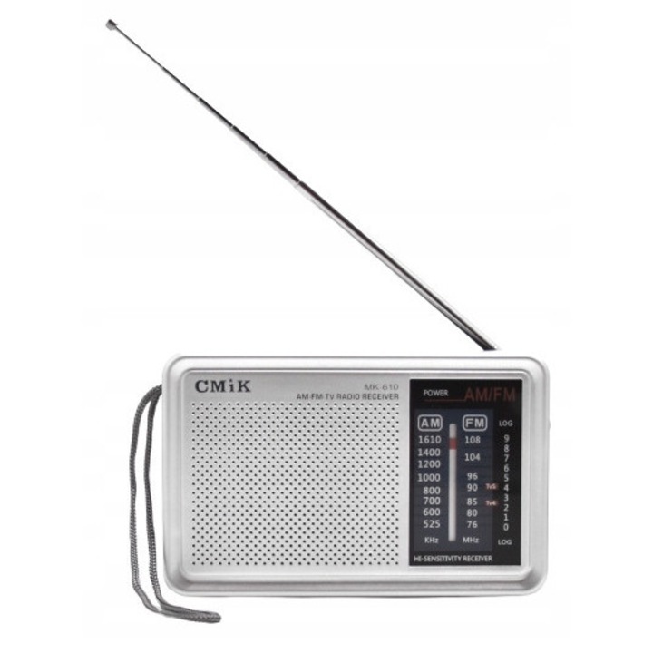 Радио AM/FM CMiK, 14,2 инча антена, размери 9,9x15,4x4,5см, захранване с батерии