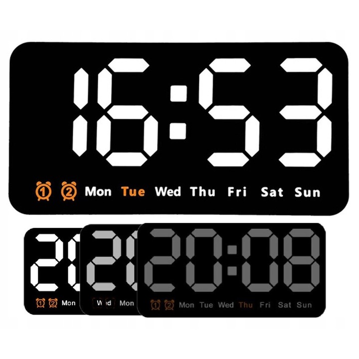 Ceas digital multifunctional cu ecran mare, alarma, termometru, iluminare, 12/24 ore, setabil, alb