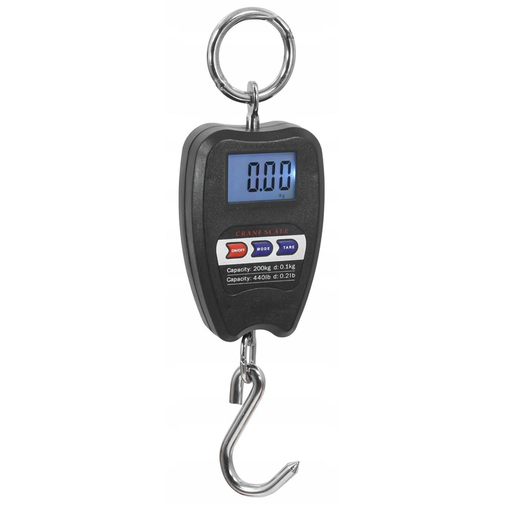 Cantar electronic de tip carlig Rossner, 200kg, display LCD albastru, alimentare cu baterii, set complet