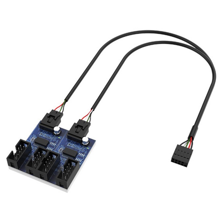 Akasa belső USB elosztó, AK-CBUB64-30BK modell, 4 db USB 2.0 port, 30cm, fekete, méretek 350x50x14mm