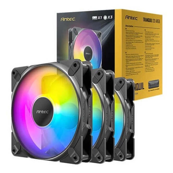 Ventilator PC Antec Tranquil 120mm ARGB, set 3 bucati, negru, 120x120x25mm