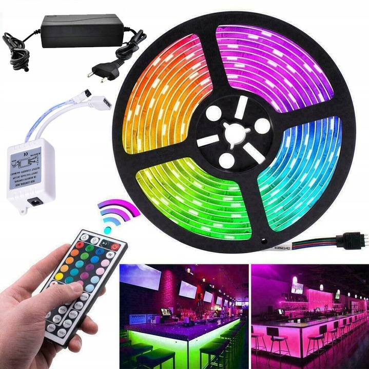 Banda LED RGB SMD 5m, 300 LED, IP68, set cu alimentator si telecomanda