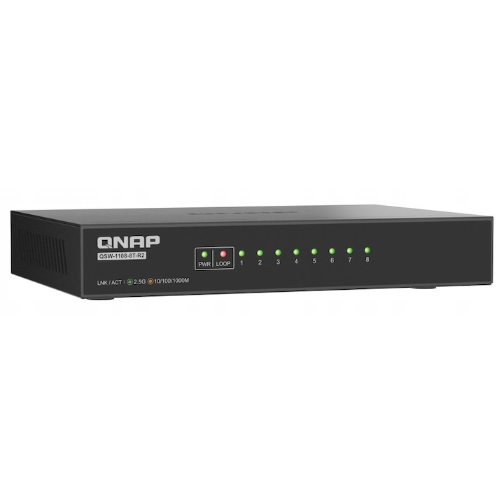 QNAP 8 portos 2,5GbE Switch QSW-1108-8T-R2, kompakt, plug and play, 26x160x110mm