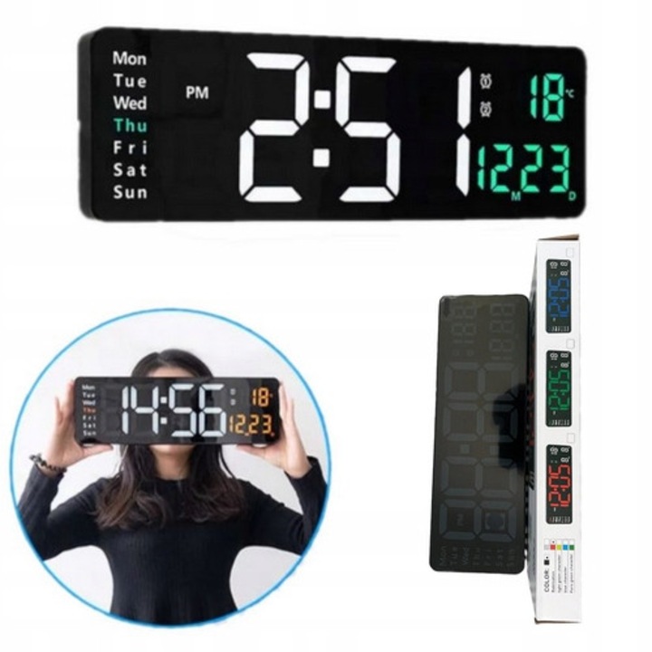 Ceas de perete digital LED, rosu-alb, verde, albastru, 32x10.5x3cm, cu termometru, 2 alarme, set complet