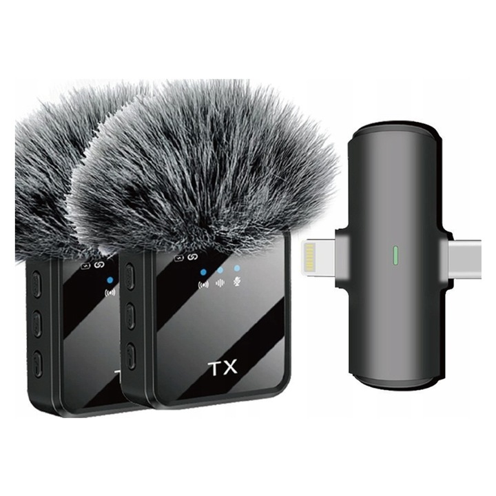 Mikrofon krawatowy, 2 bucati, cu clip, compatibil cu smartphone-uri, mobil, compact, negru