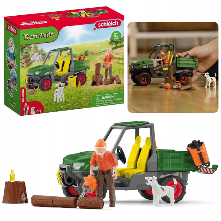 Figurina Schleich, set Praca w lesie, rolnic Paul, vehicul 4x4, caine Jack Russell, 3+ ani