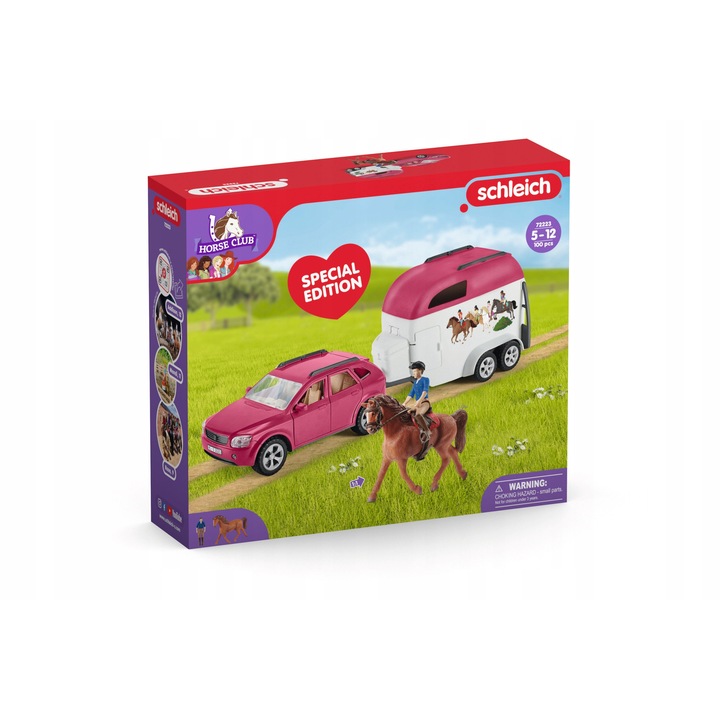 Set figurine Schleich, masina cu remorca, transport cai, 1 cal, 1 calaret