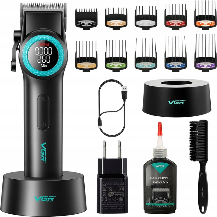 VGR V-001 hajvágógép, 10 fésű, LED világítás, 4600 mAh