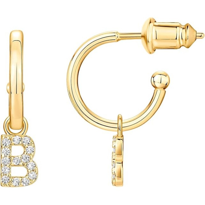 Cercei Huggie cu tija din aur de 14K cu pandantiv initial - Cercei Huggie Hoop cu CZ - Cercei Huggies cu initiala din zirconiu cubic pentru femei