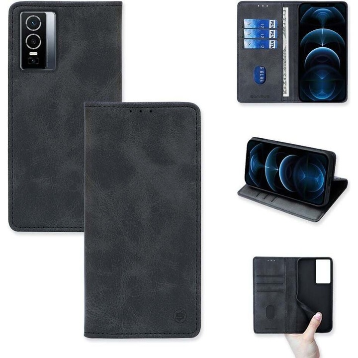 Husa telefon Sonique Vintage Magnet Wallet, 3 compartimente pentru carduri, 1 compartiment mare pentru documente, neagra, pentru VIVO Y74s / VIVO Y76 5G