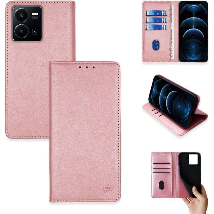 Husa telefon Sonique Vintage Magnet Wallet, 3 compartimente pentru carduri, 1 compartiment mare pentru documente, roz, pentru VIVO Y35 4G / VIVO Y22 / VIVO Y22S