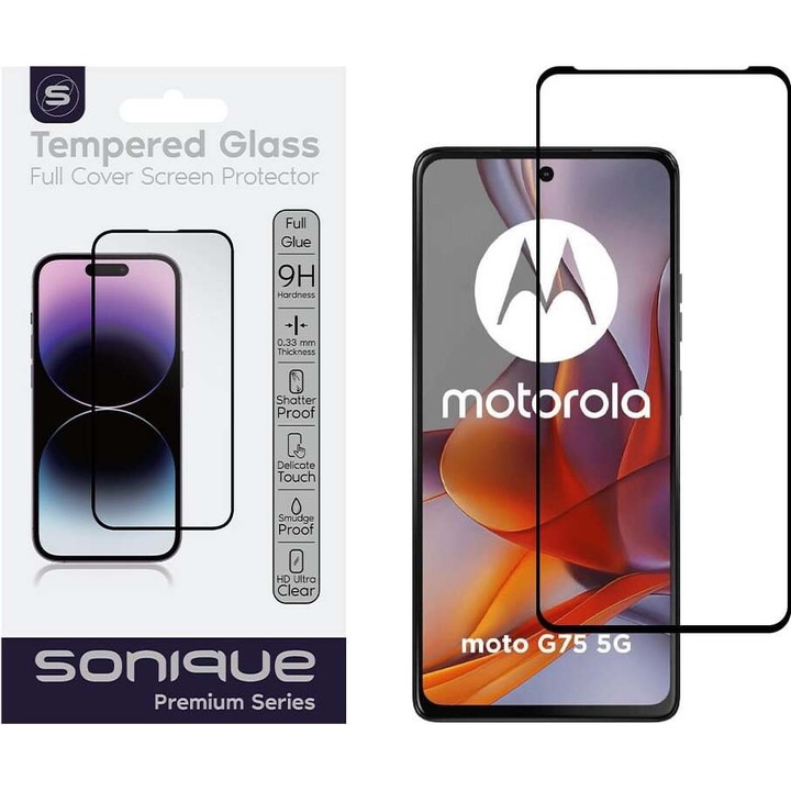 Folie protectie telefon Sonique Hardy Glass Full Cover 9H, HD, 0.33mm, negru, set cu accesorii de curatare