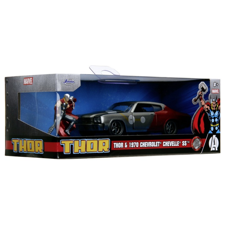 Комплект колекционерски фигурки Jada Marvel, Тор и кола Chevy Chevelle SS, метална, мащаб 1:32, 8.0 см